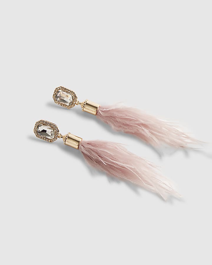 river island Pink Feather Drop Earrings