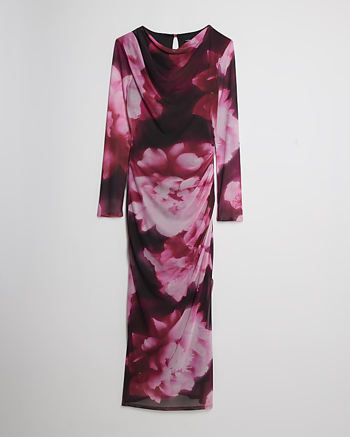 river island Pink Floral Print Midi Dress