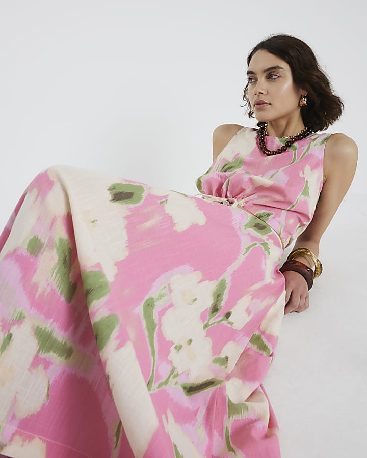 River Island Pink Floral Print Midi Skirt