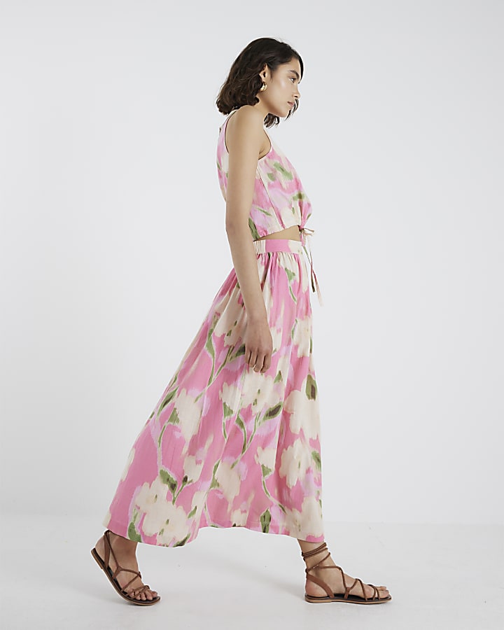 River Island Pink Floral Print Midi Skirt