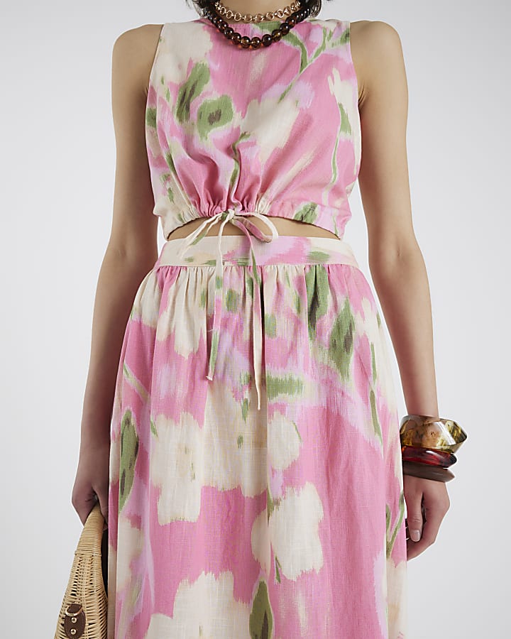 River Island Pink Floral Print Midi Skirt