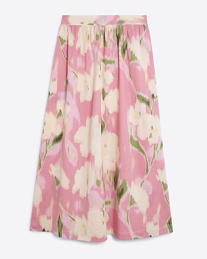river island Pink Floral Print Midi Skirt