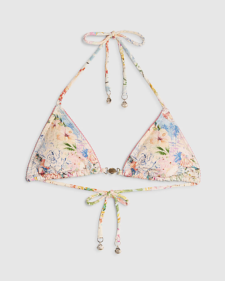 river island Pink Floral Print Triangle Bikini Top