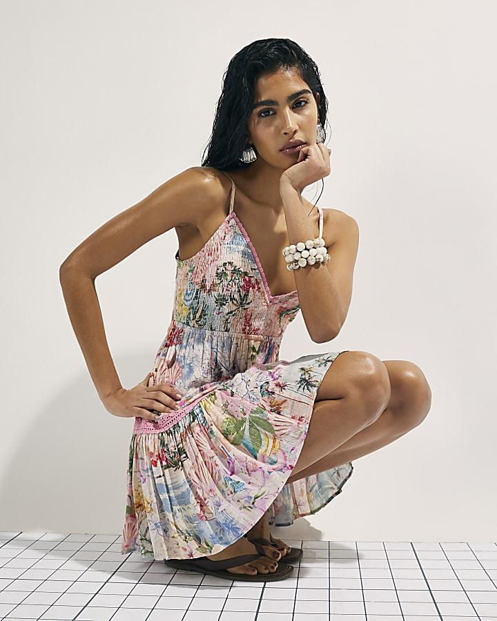 River Island Pink Floral Shirred Mini Beach Dress