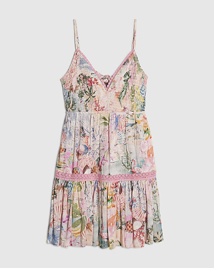 river island Pink Floral Shirred Mini Beach Dress