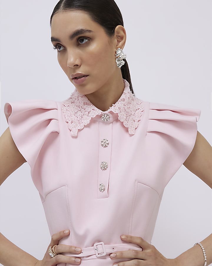 River Island Pink Frill Sleeve Diamante Peplum Top