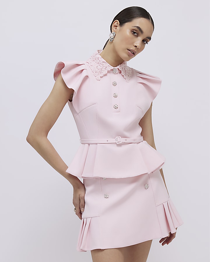 River Island Pink Frill Sleeve Diamante Peplum Top