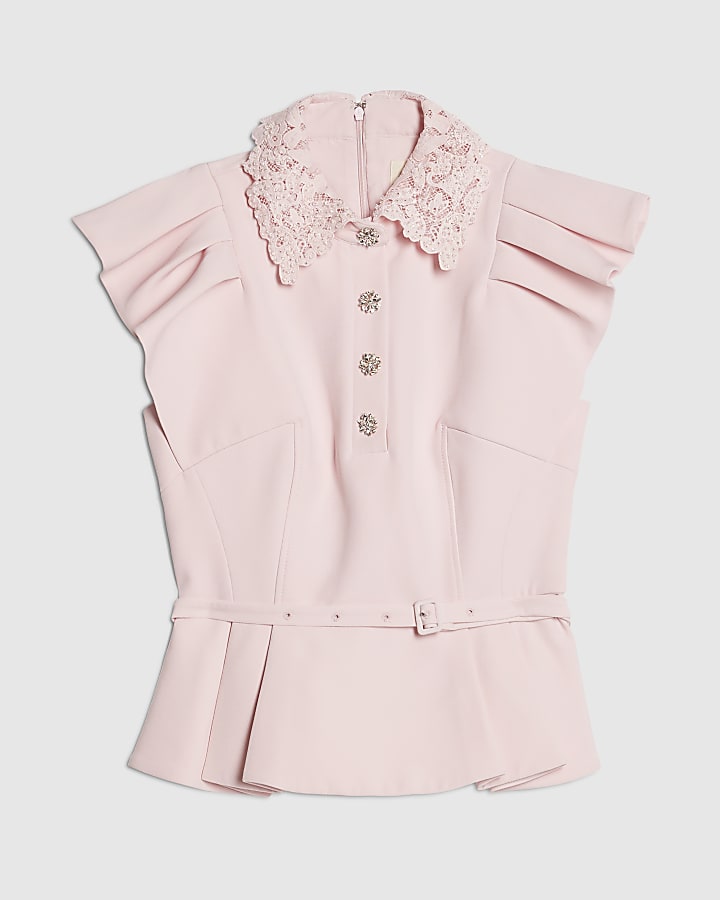 river island Pink Frill Sleeve Diamante Peplum Top
