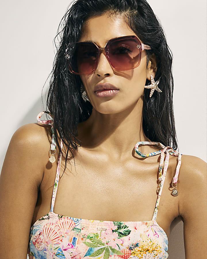 River Island Pink Graphic Print Tie Strap Swimsuit