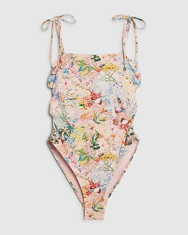 river island Pink Graphic Print Tie Strap Swimsuit