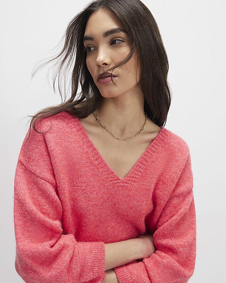 River Island Pink Knitted V Neck Wool Blend Jumper