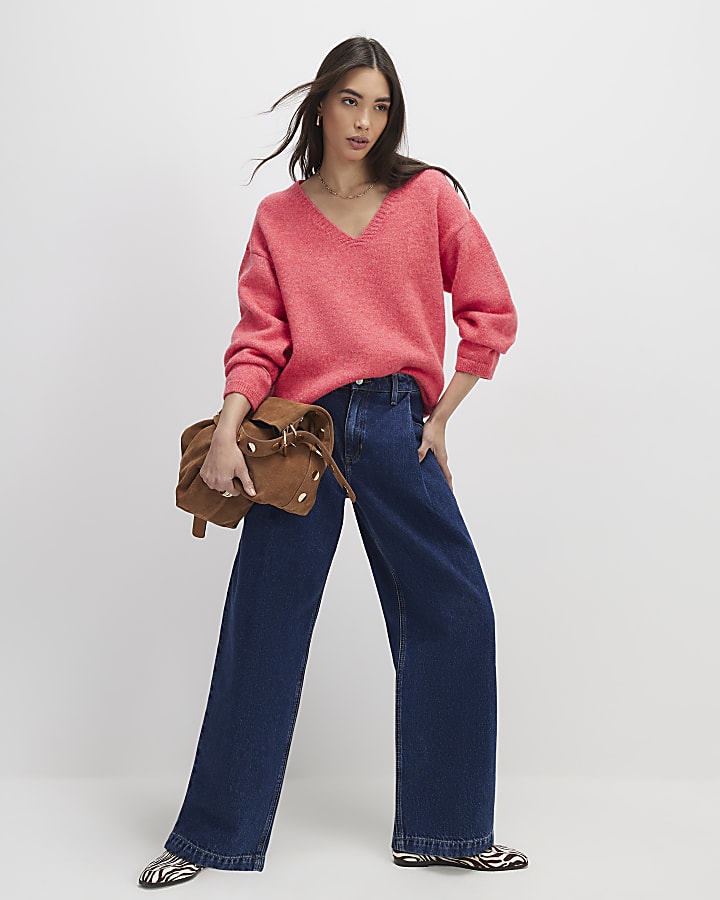 River Island Pink Knitted V Neck Wool Blend Jumper