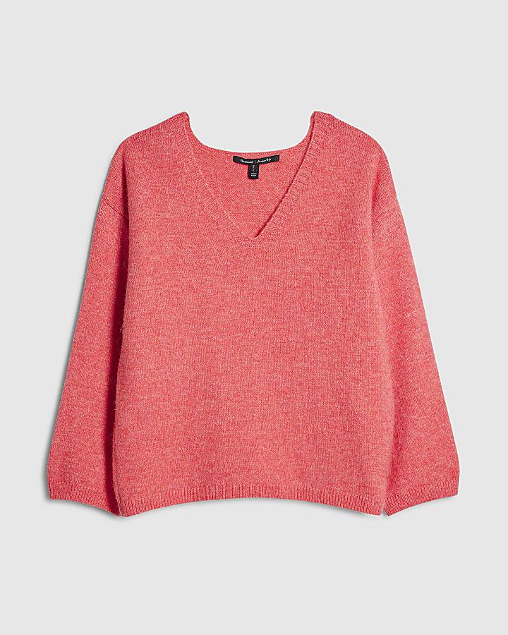river island Pink Knitted V Neck Wool Blend Jumper