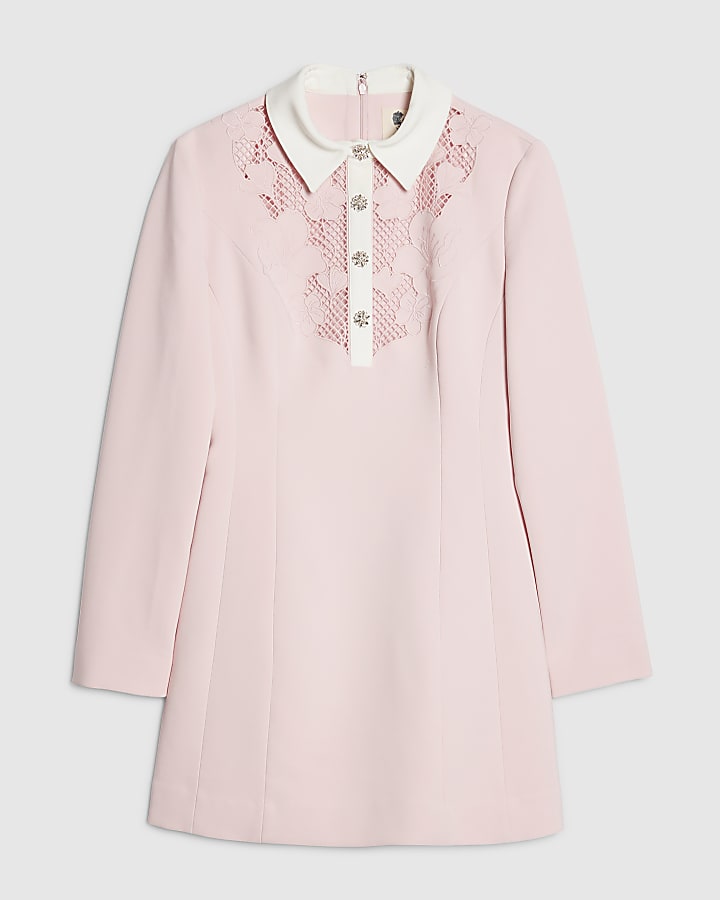 river island Pink Lace Trim Collared Mini Dress
