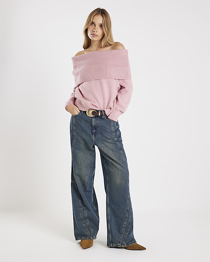 River Island Pink Long Sleeve Bardot Jumper