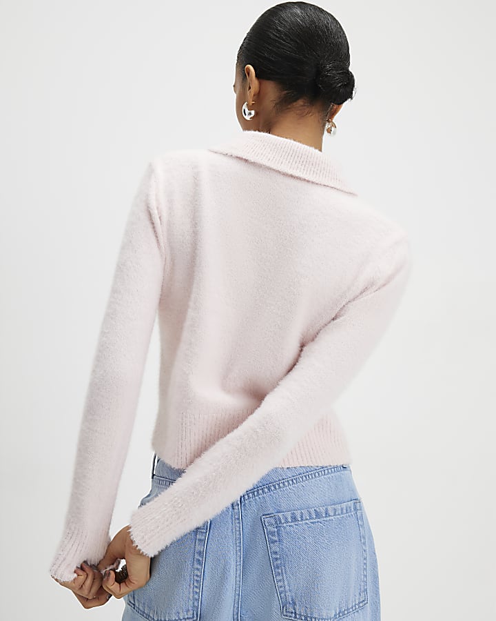River Island Pink Long Sleeve Fluffy Polo Top
