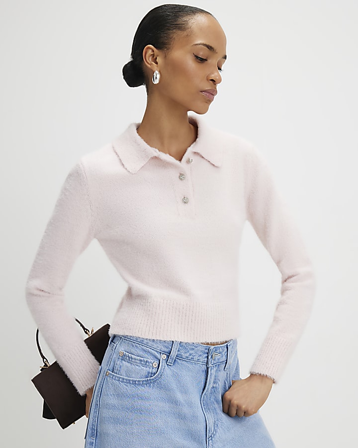 River Island Pink Long Sleeve Fluffy Polo Top