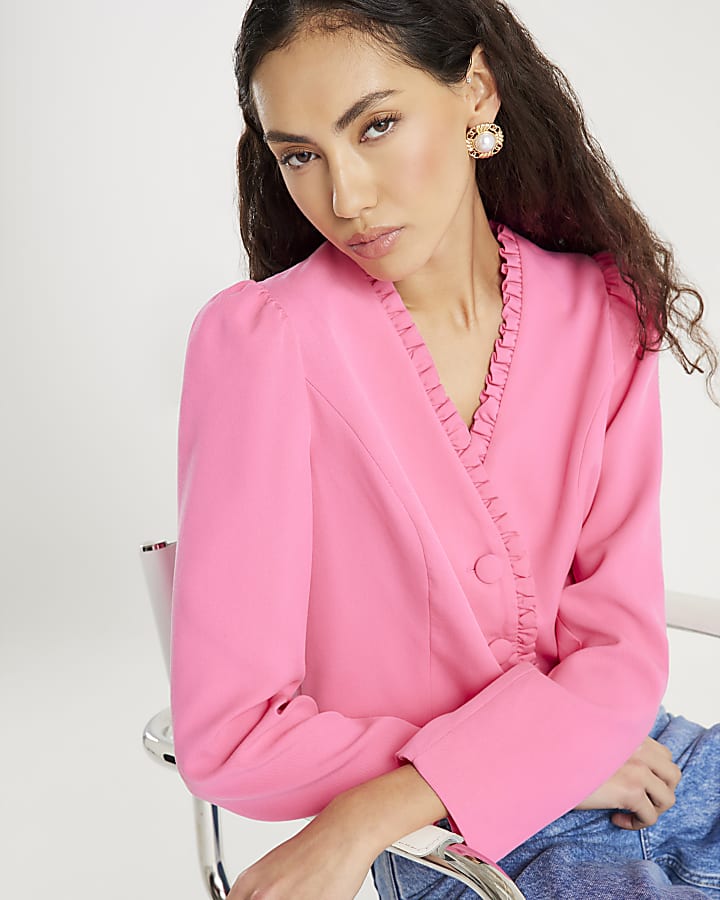 River Island Pink Long Sleeve Frill Trim Jacket
