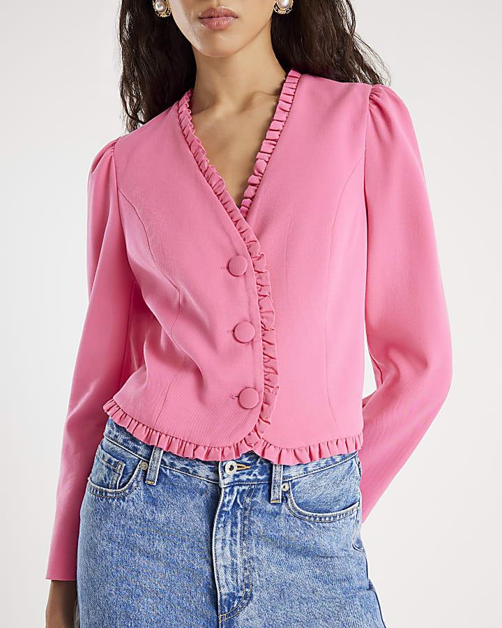 River Island Pink Long Sleeve Frill Trim Jacket