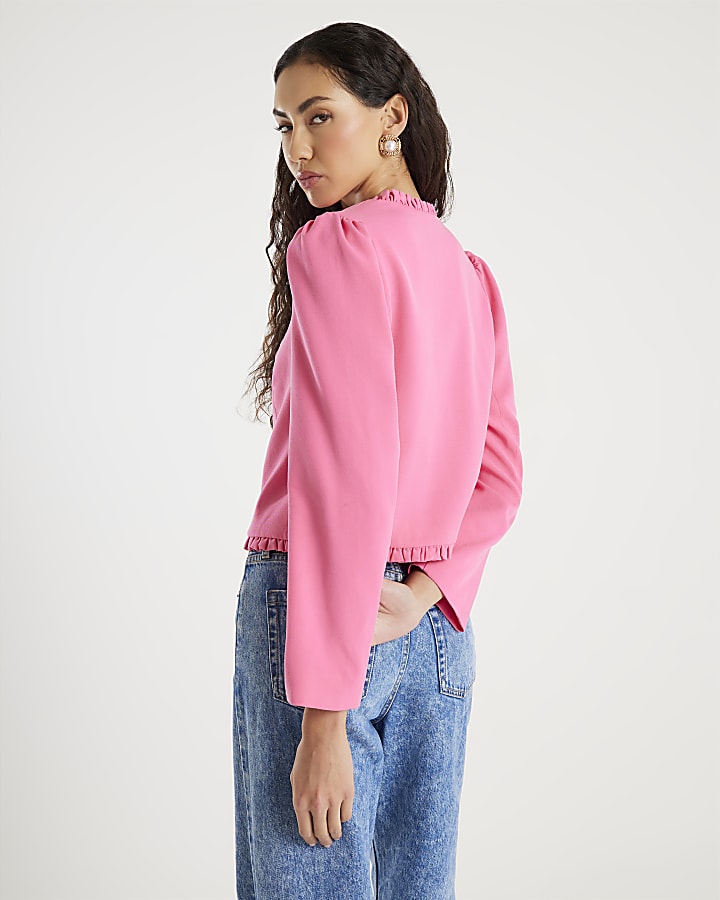 River Island Pink Long Sleeve Frill Trim Jacket
