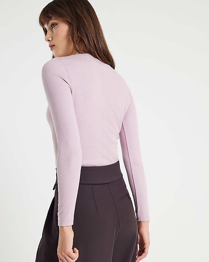 River Island Pink Long Sleeve Ribbed Crew Neck Top