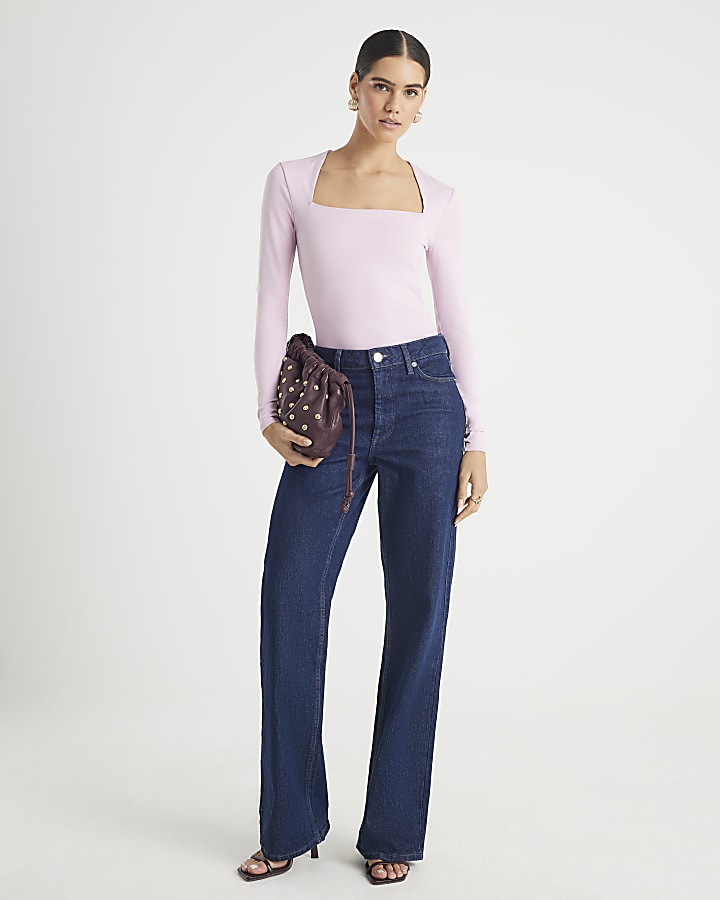 River Island Pink Long Sleeve Square Neck Bodysuit