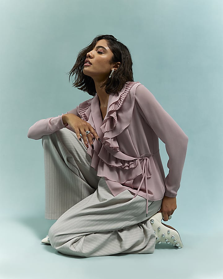 River Island Pink Long Sleeve Wrap Ruffle Blouse
