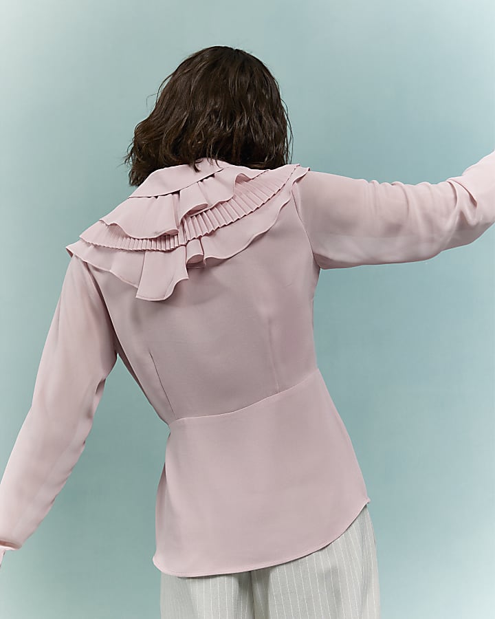 River Island Pink Long Sleeve Wrap Ruffle Blouse