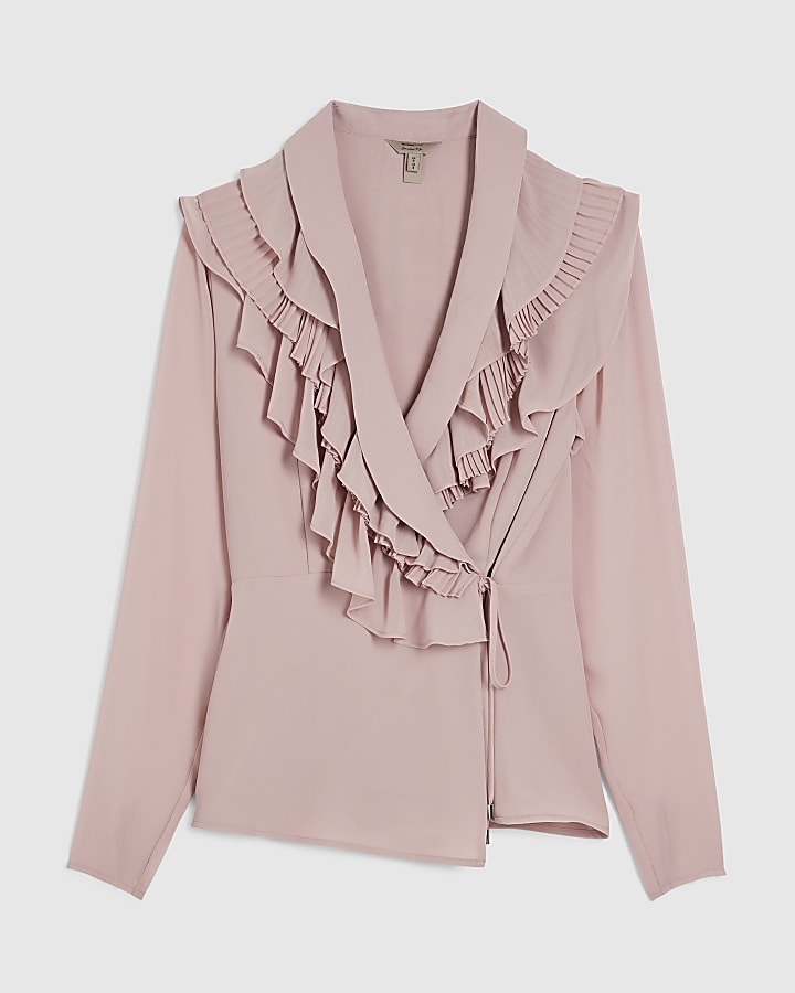 river island Pink Long Sleeve Wrap Ruffle Blouse