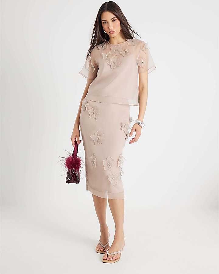 River Island Pink Organza Flower Midi Skirt