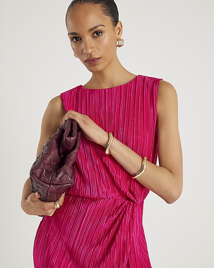 River Island Pink Plisse Knot Side Midi Dress