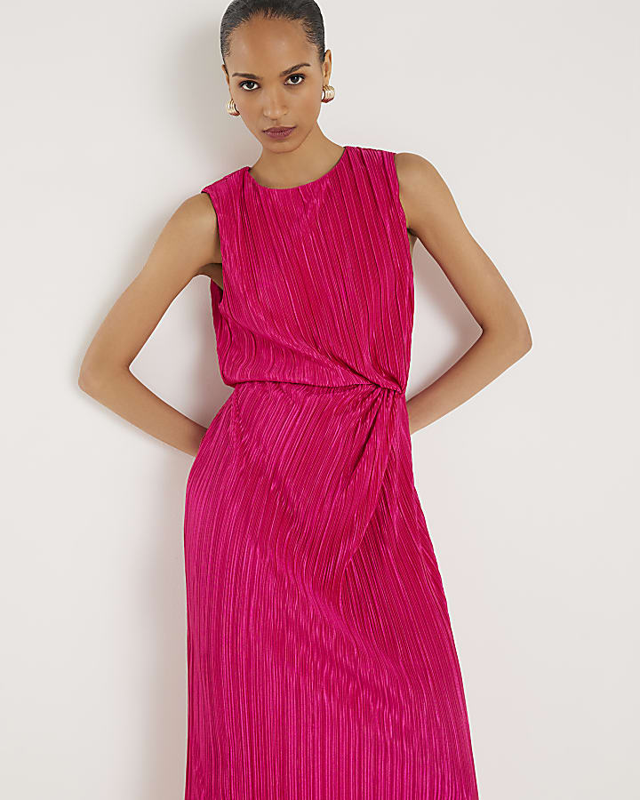 River Island Pink Plisse Knot Side Midi Dress