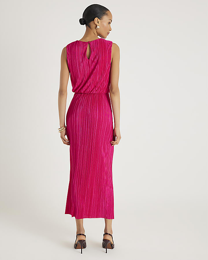 River Island Pink Plisse Knot Side Midi Dress