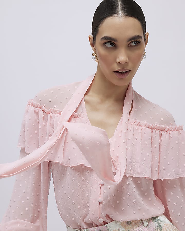 River Island Pink Ruffle Tie Neck Blouse