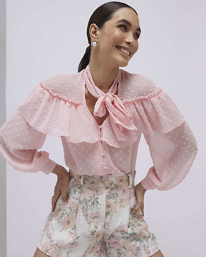 River Island Pink Ruffle Tie Neck Blouse