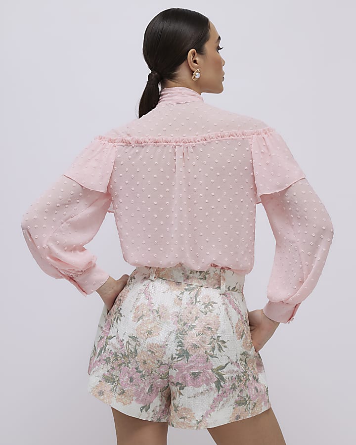 River Island Pink Ruffle Tie Neck Blouse