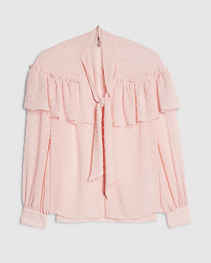 river island Pink Ruffle Tie Neck Blouse