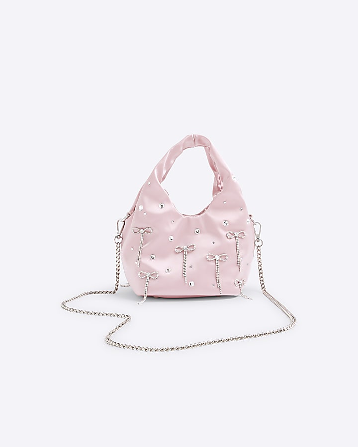 River Island Pink Satin Diamante Bow Grab Bag