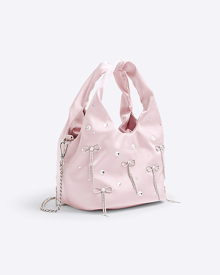 River Island Pink Satin Diamante Bow Grab Bag