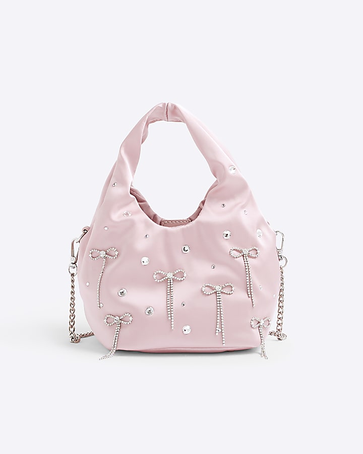 River Island Pink Satin Diamante Bow Grab Bag