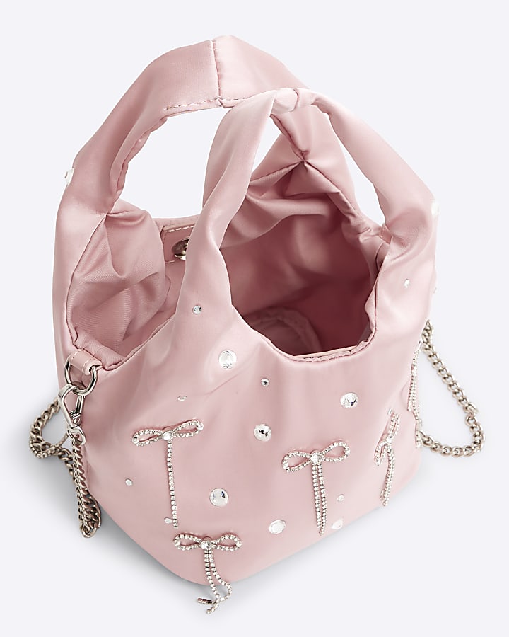 river island Pink Satin Diamante Bow Grab Bag