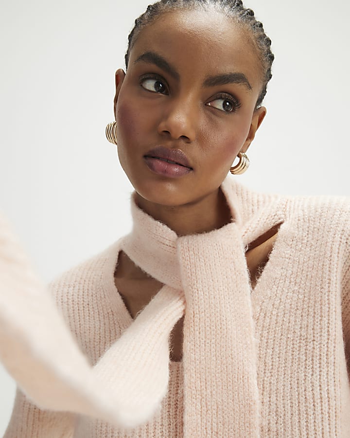 River Island Pink Scarf Neck Lace Hem Jumper