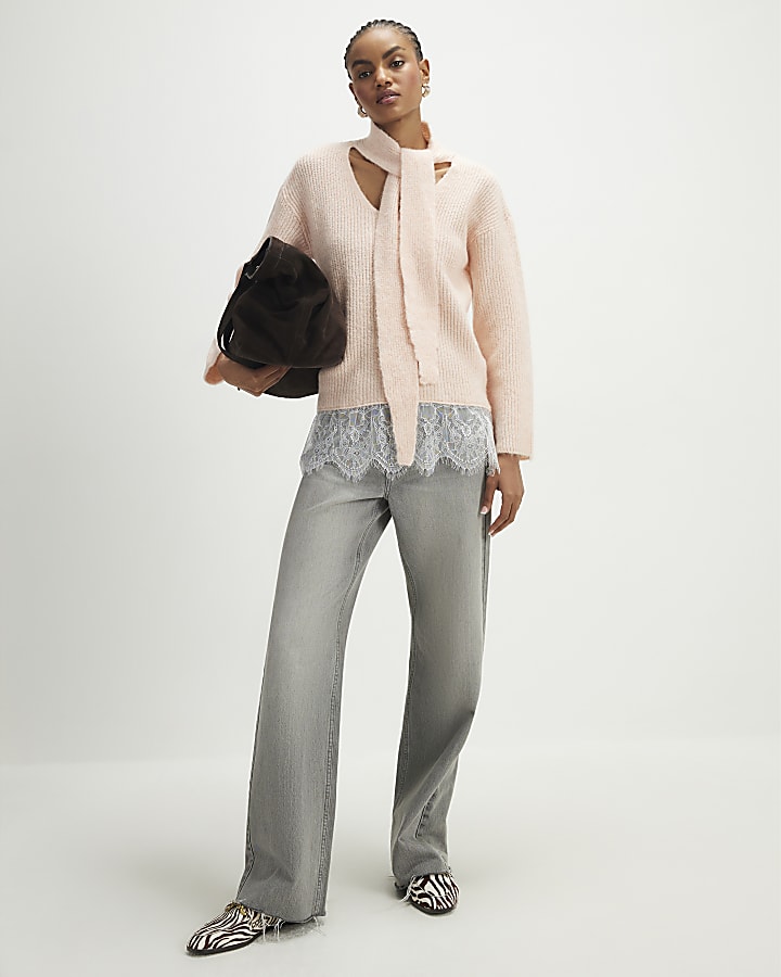 River Island Pink Scarf Neck Lace Hem Jumper