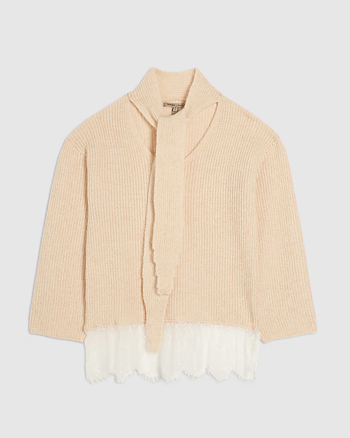 river island Pink Scarf Neck Lace Hem Jumper
