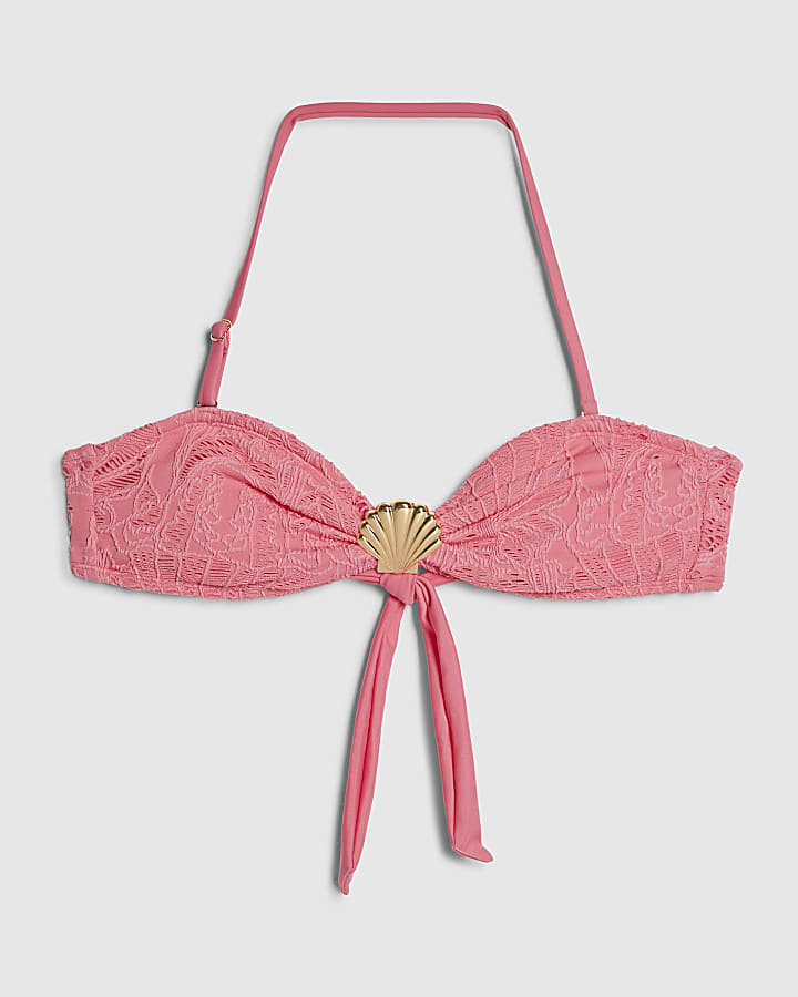 river island Pink Texture Shell Bandeau Bikini Top