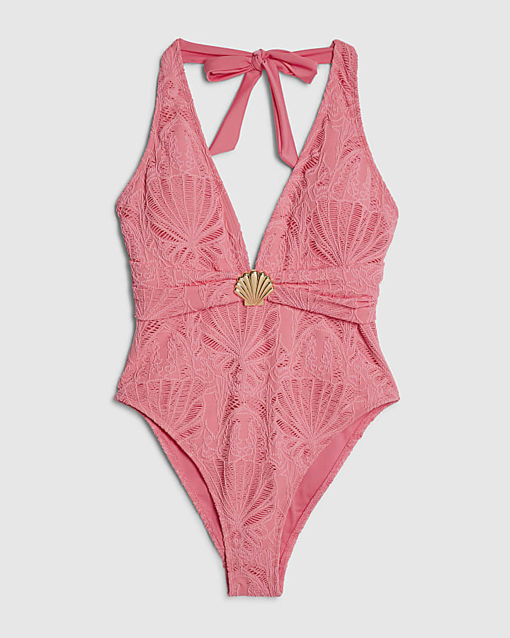river island Pink Texture Shell Trim Swimsuit