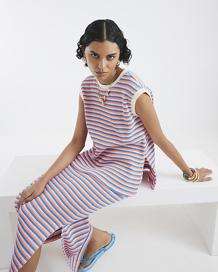 River Island Pink Textured Stripe Midi Skirt