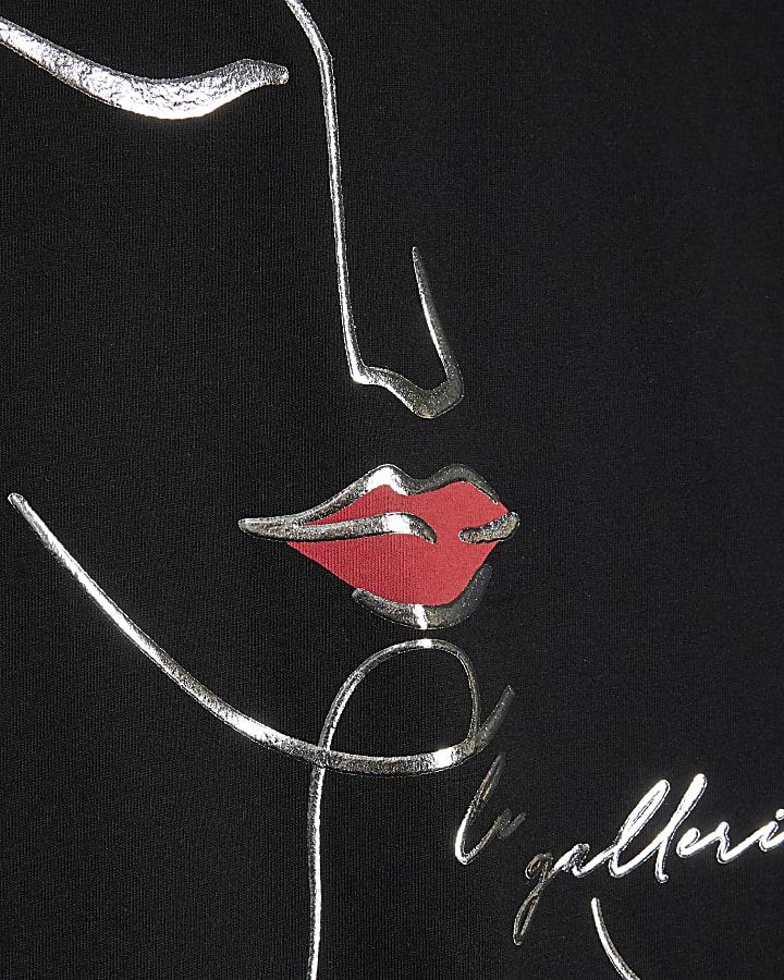 River Island Plus Black Sketchy Face Foil T-shirt
