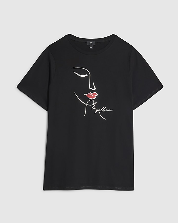 river island Plus Black Sketchy Face Foil T-shirt