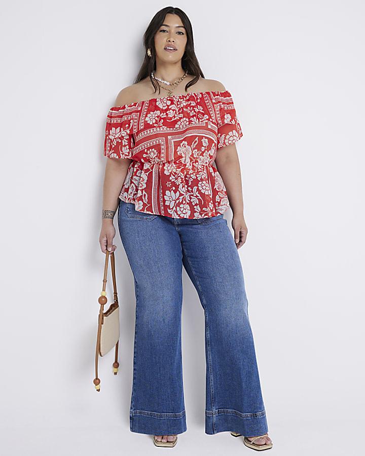 River Island Plus Blue High Waisted Flared Jeans